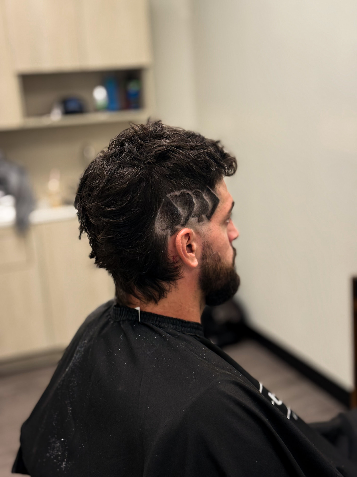 Back view of a fade with a shaved design